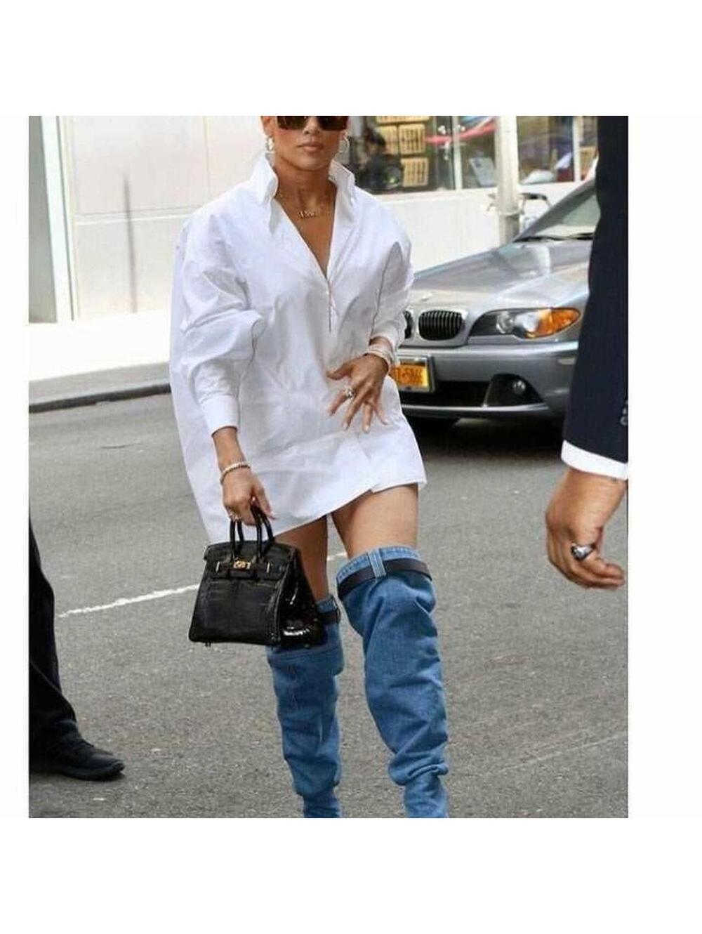 Denim Thigh-High Stiletto Boots with Belt Detail